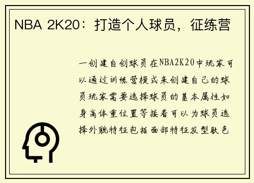 NBA 2K20：打造个人球员，征练营