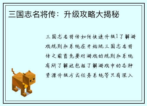 三国志名将传：升级攻略大揭秘