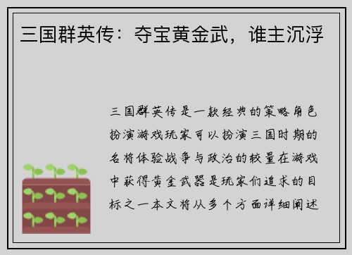 三国群英传：夺宝黄金武，谁主沉浮