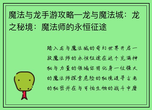 魔法与龙手游攻略—龙与魔法城：龙之秘境：魔法师的永恒征途